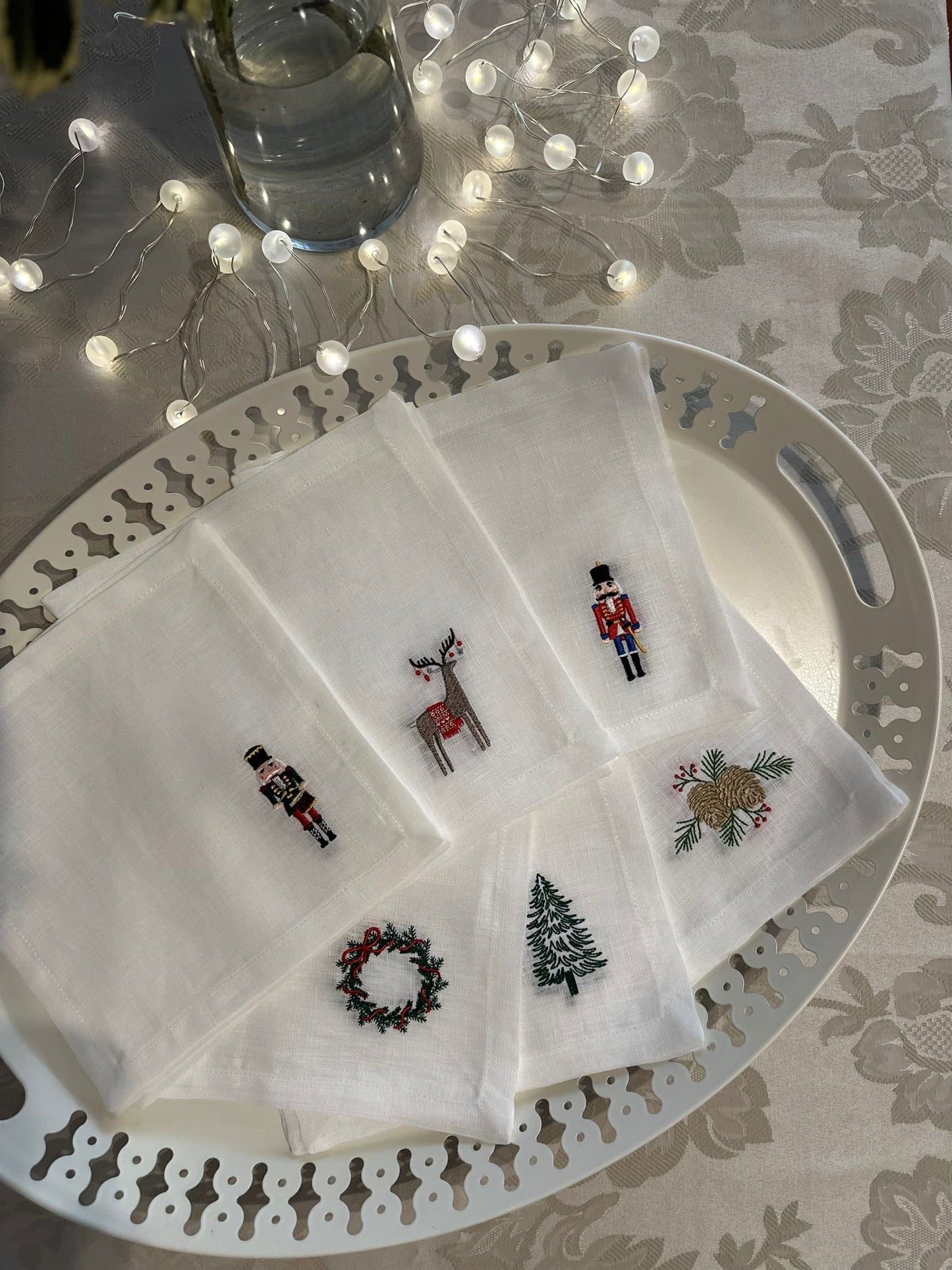 Embroidered Linen Napkin, Reindeer