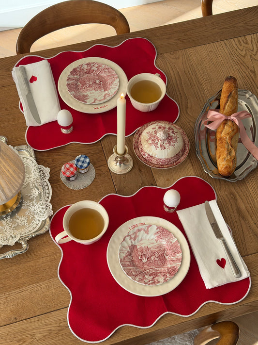 Individual Vermelho Ondulado Bordado Branco