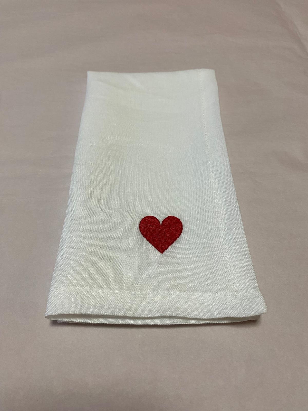 White Linen Napkin with Red Heart Embroidery