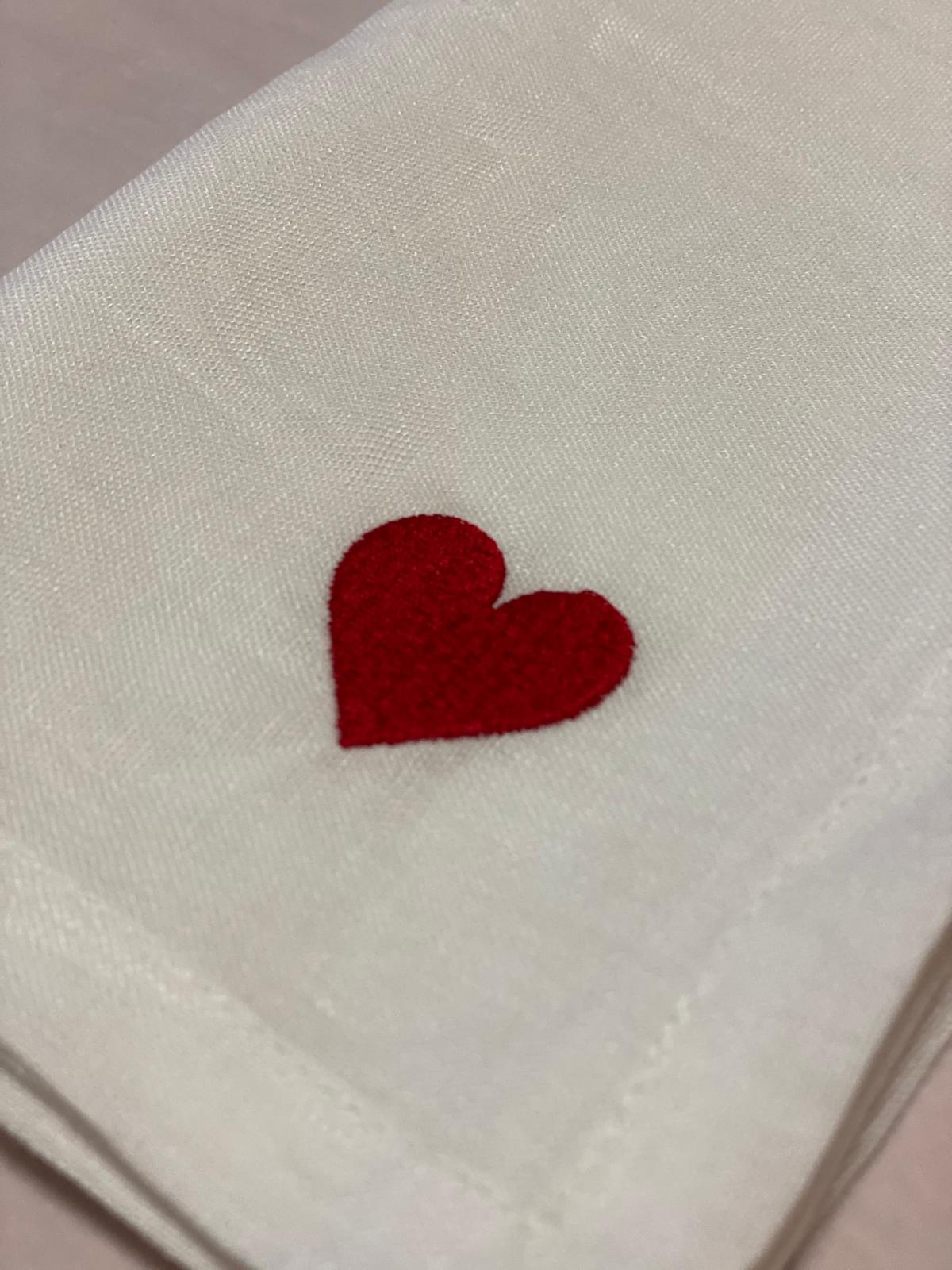 White Linen Napkin with Red Heart Embroidery
