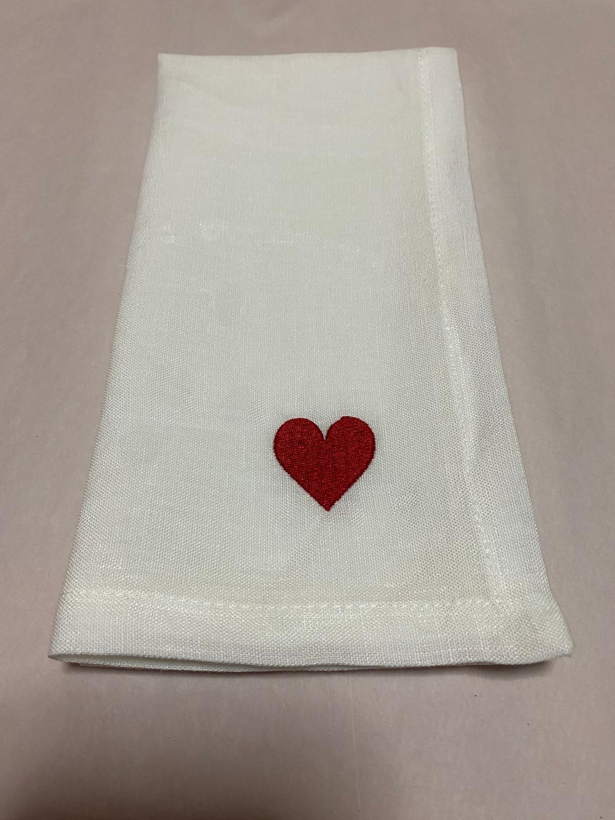 White Linen Napkin with Red Heart Embroidery