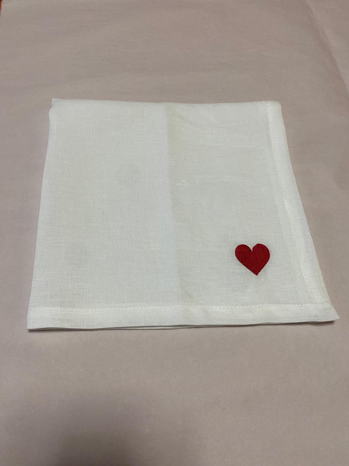 White Linen Napkin with Red Heart Embroidery