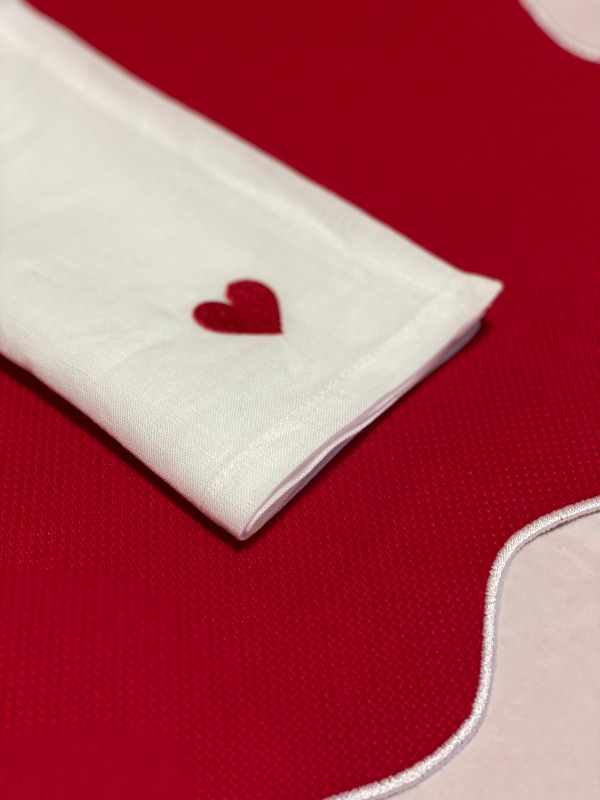 White Linen Napkin with Red Heart Embroidery