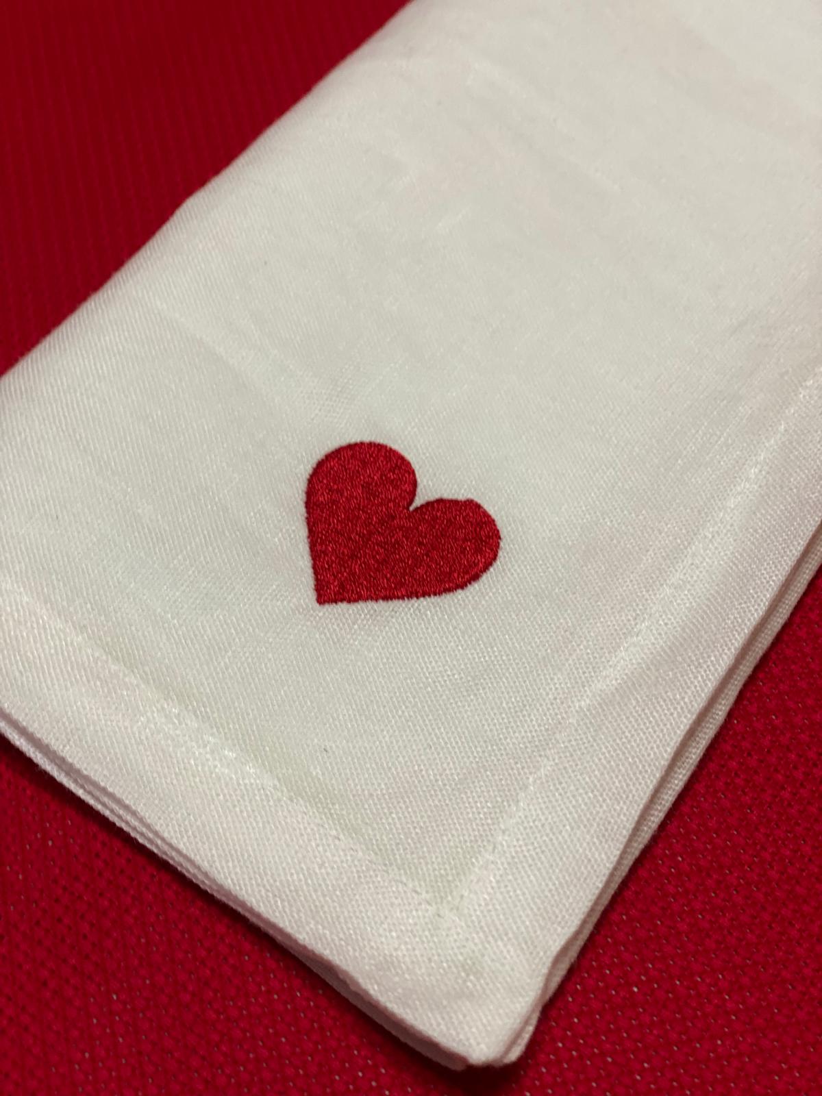 White Linen Napkin with Red Heart Embroidery