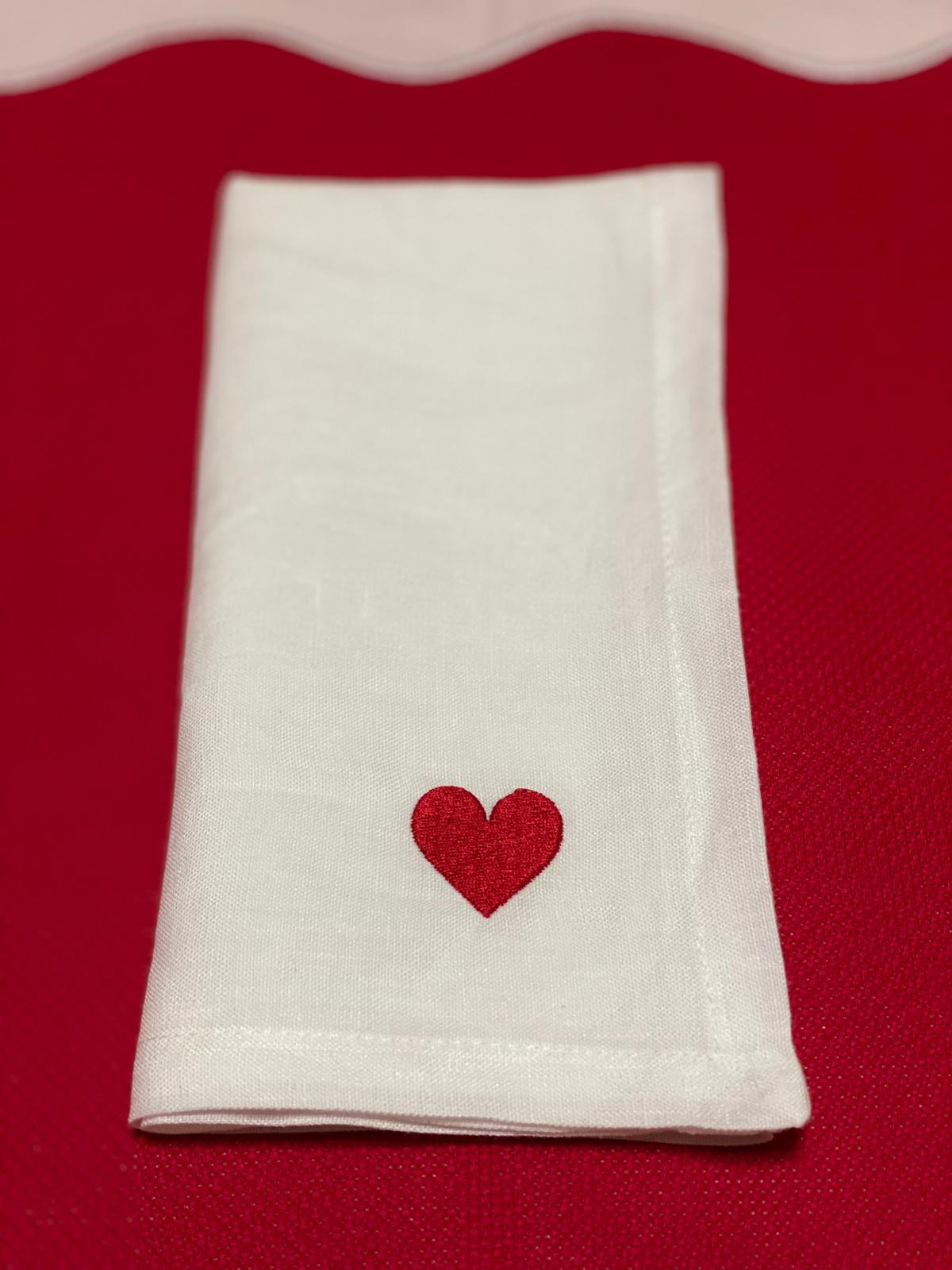 White Linen Napkin with Red Heart Embroidery