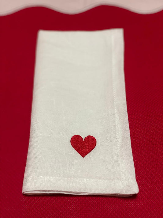 White Linen Napkin with Red Heart Embroidery