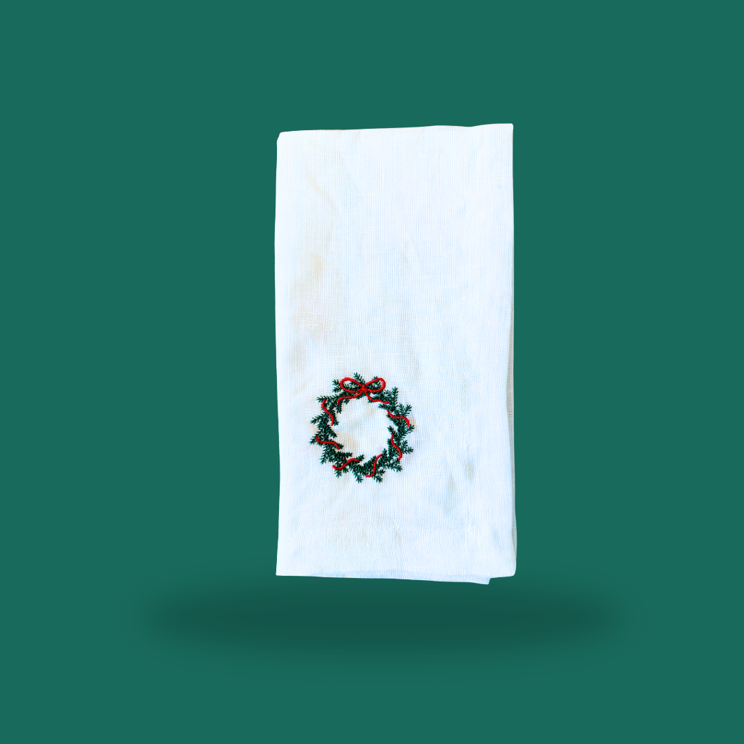 Embroidered Linen Napkin, Christmas Wreath