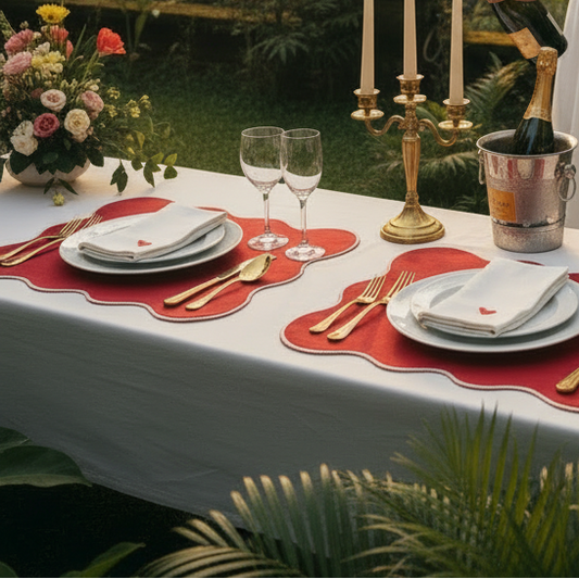 Guardanapo Linho Branco com Bordado Coração vermelho