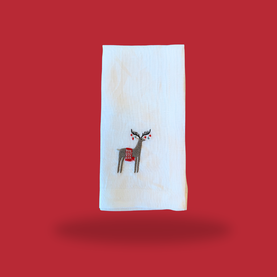 Embroidered Linen Napkin, Reindeer